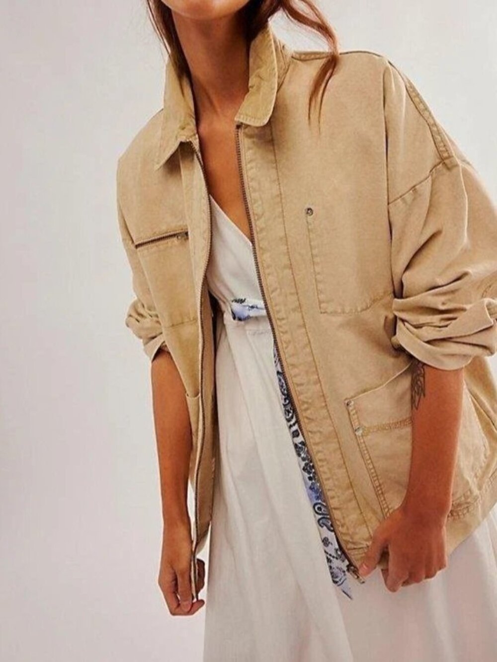 Free People We The Free Easy That Canvas Jacket Top Zip-Up Solid Cotton S 289754